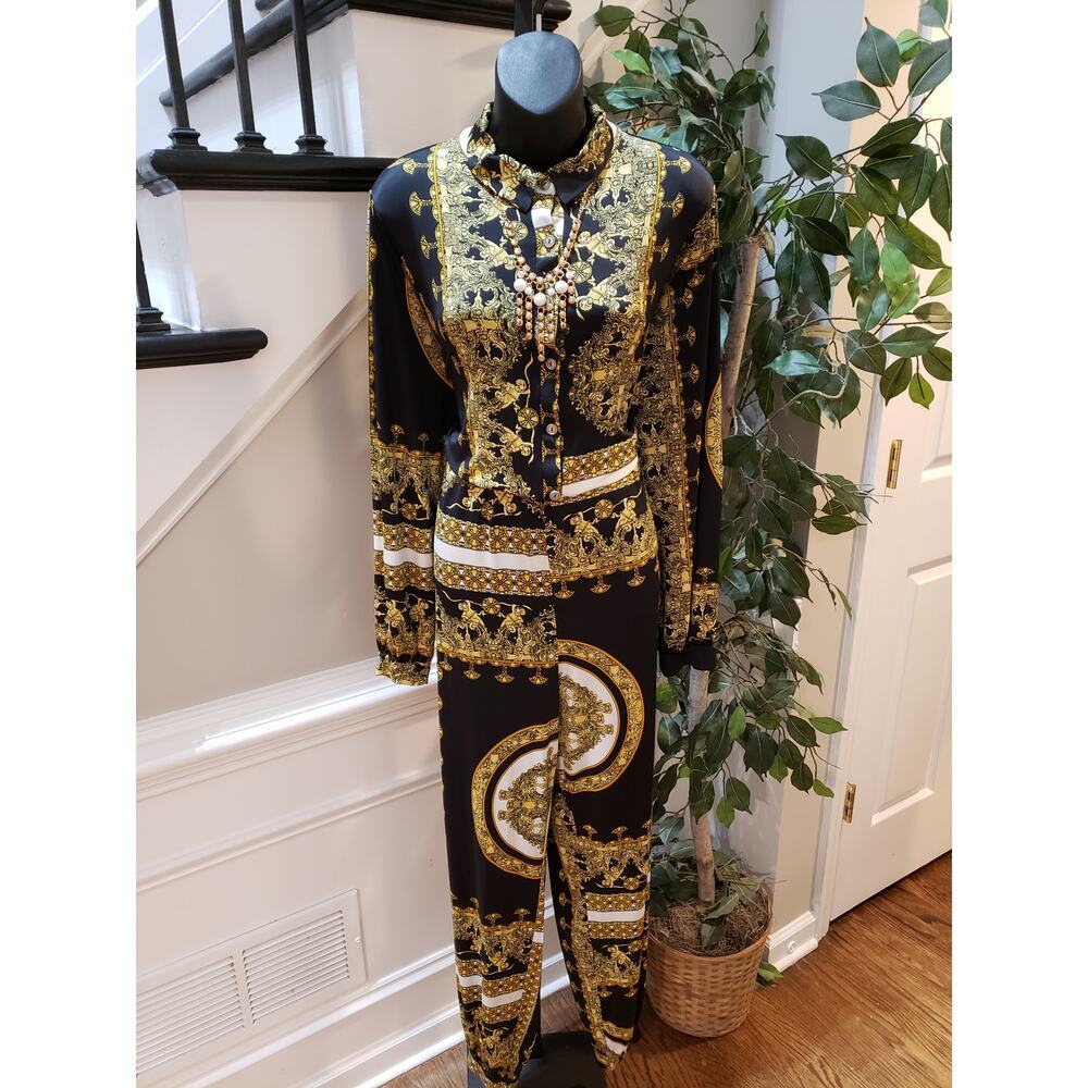 Fashion Nova Jumpsuit Womens XL Black Printed Twisted Elastic Waist Button Front